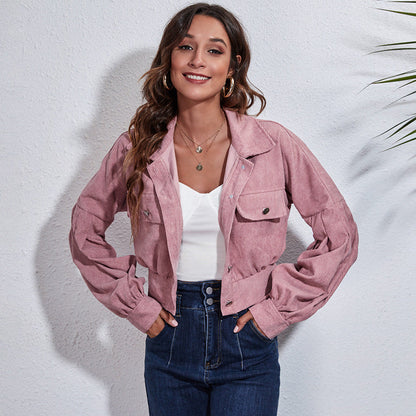 Elarova |  Rosafarbene Cropped Cordjacke für Damen