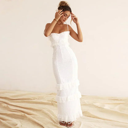 Weißes Besticktes Maxikleid Damen Elegantes Abendkleid - Elarova
