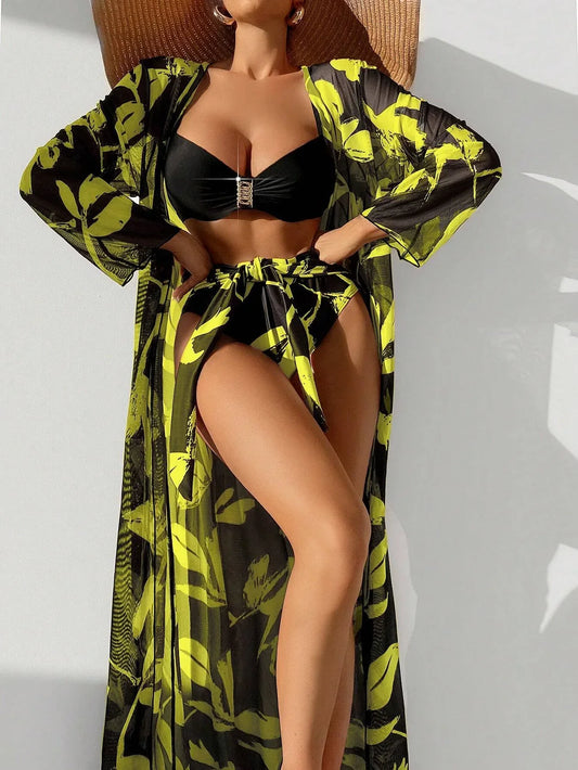 Elaina™ – Damen 3-teiliges Badeanzug-Set mit Hoch Tailliertem Bikini & Kimono 1