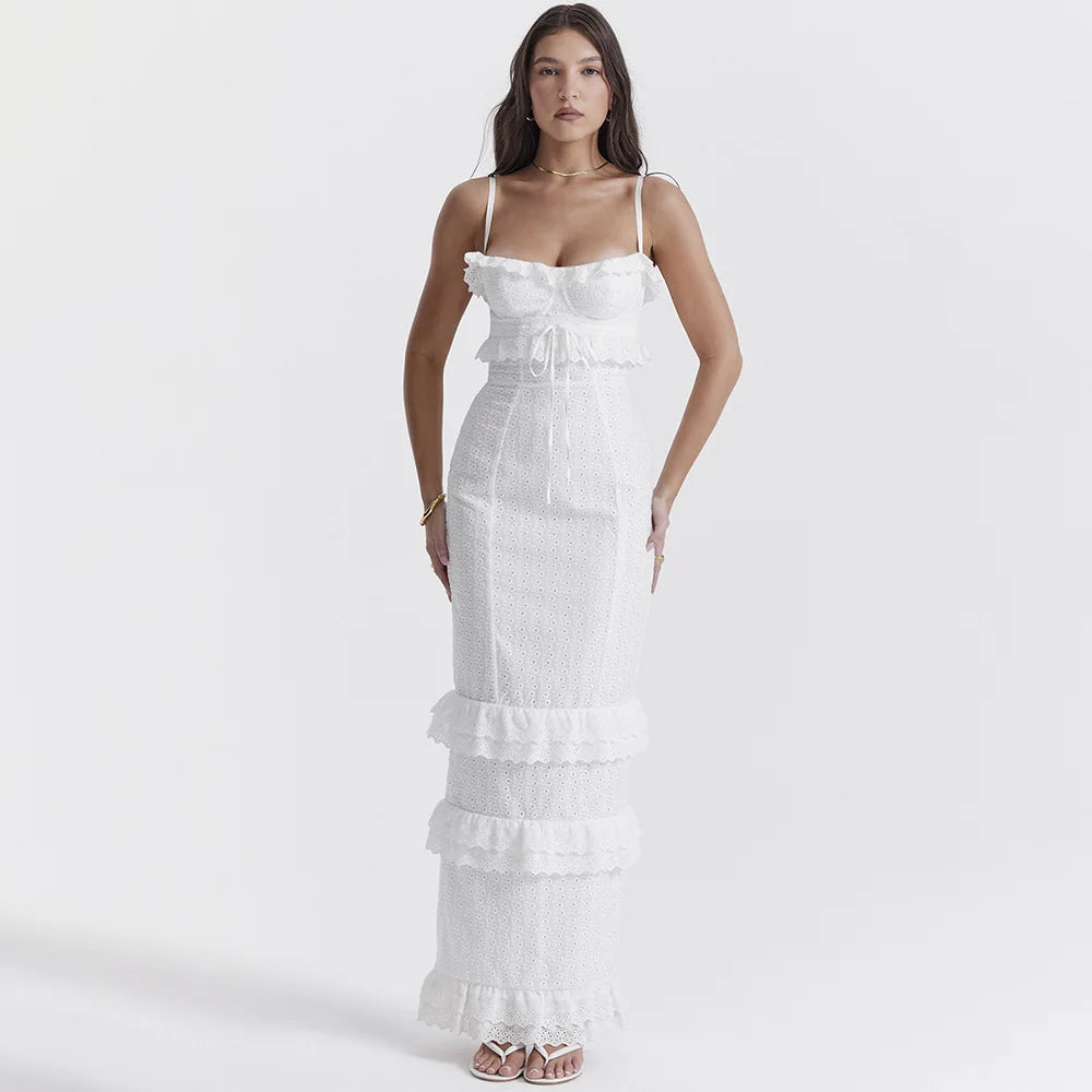 Weißes Besticktes Maxikleid Damen Elegantes Abendkleid