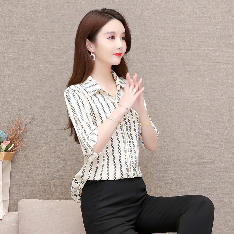 Damen Bluse Chiffon mit Knöpfen und Umschlagkragen Elegant