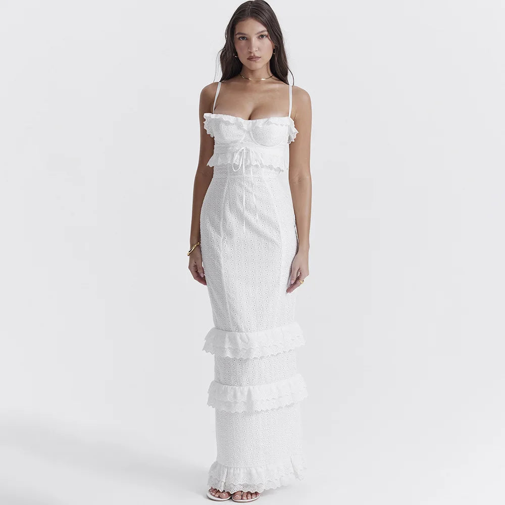 Weißes Besticktes Maxikleid Damen Elegantes Abendkleid