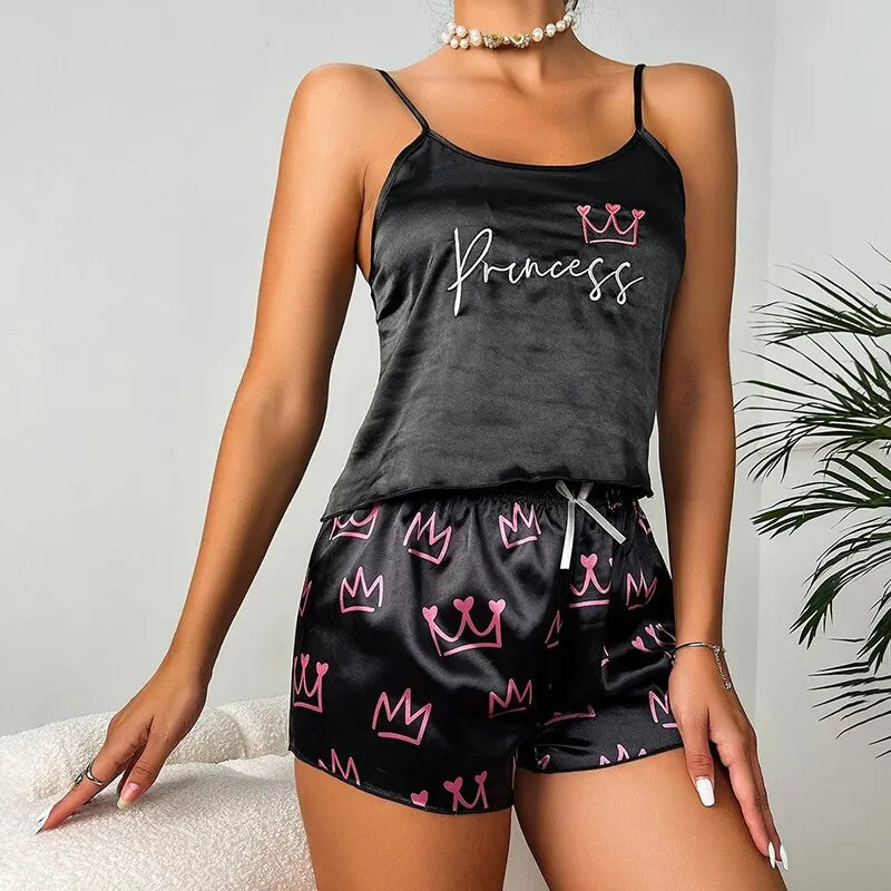 Damen Pyjama Set Satin Nachthemd Elegant