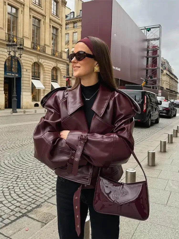 Lederjacke Damen Kurz Rot mit Reverskragen - Elarova