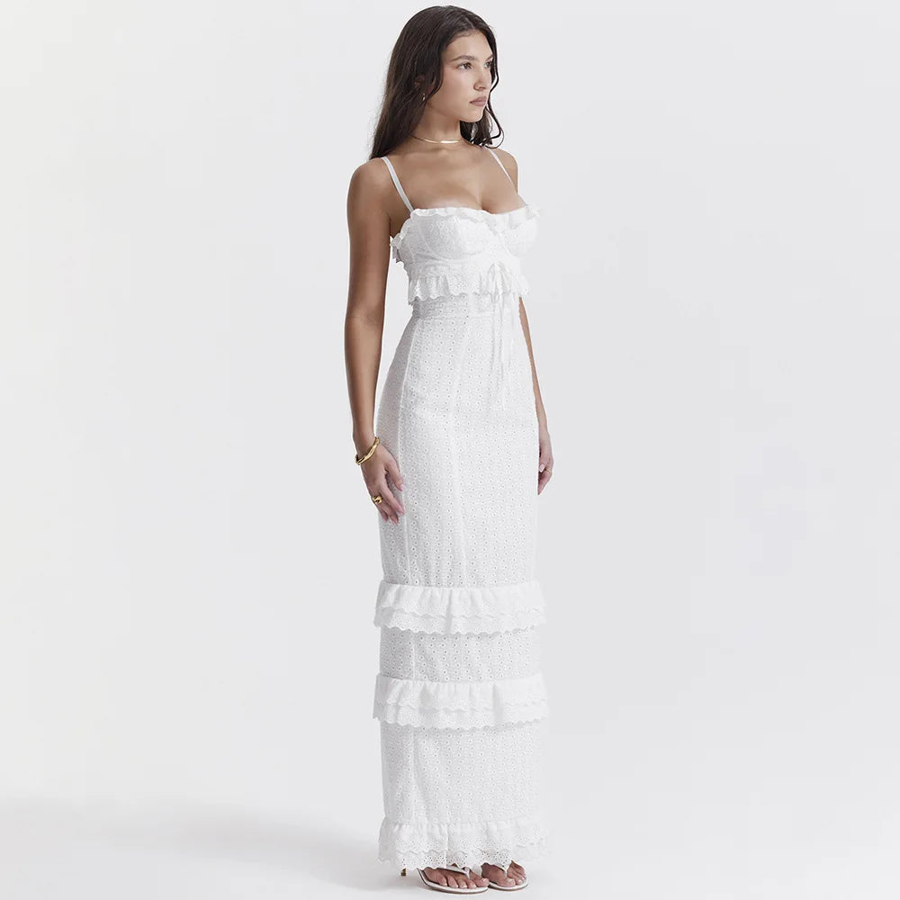 Weißes Besticktes Maxikleid Damen Elegantes Abendkleid