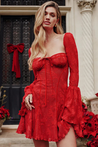 Spitzen Minikleid Langärmlig Verspielt Damenkleid