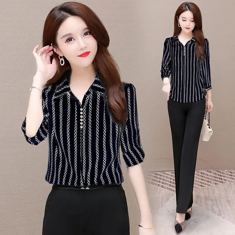 Damen Bluse Chiffon mit Knöpfen und Umschlagkragen Elegant - Elarova
