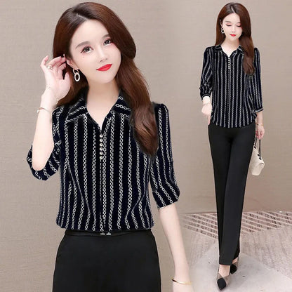 Damen Bluse Chiffon mit Knöpfen und Umschlagkragen Elegant - Elarova