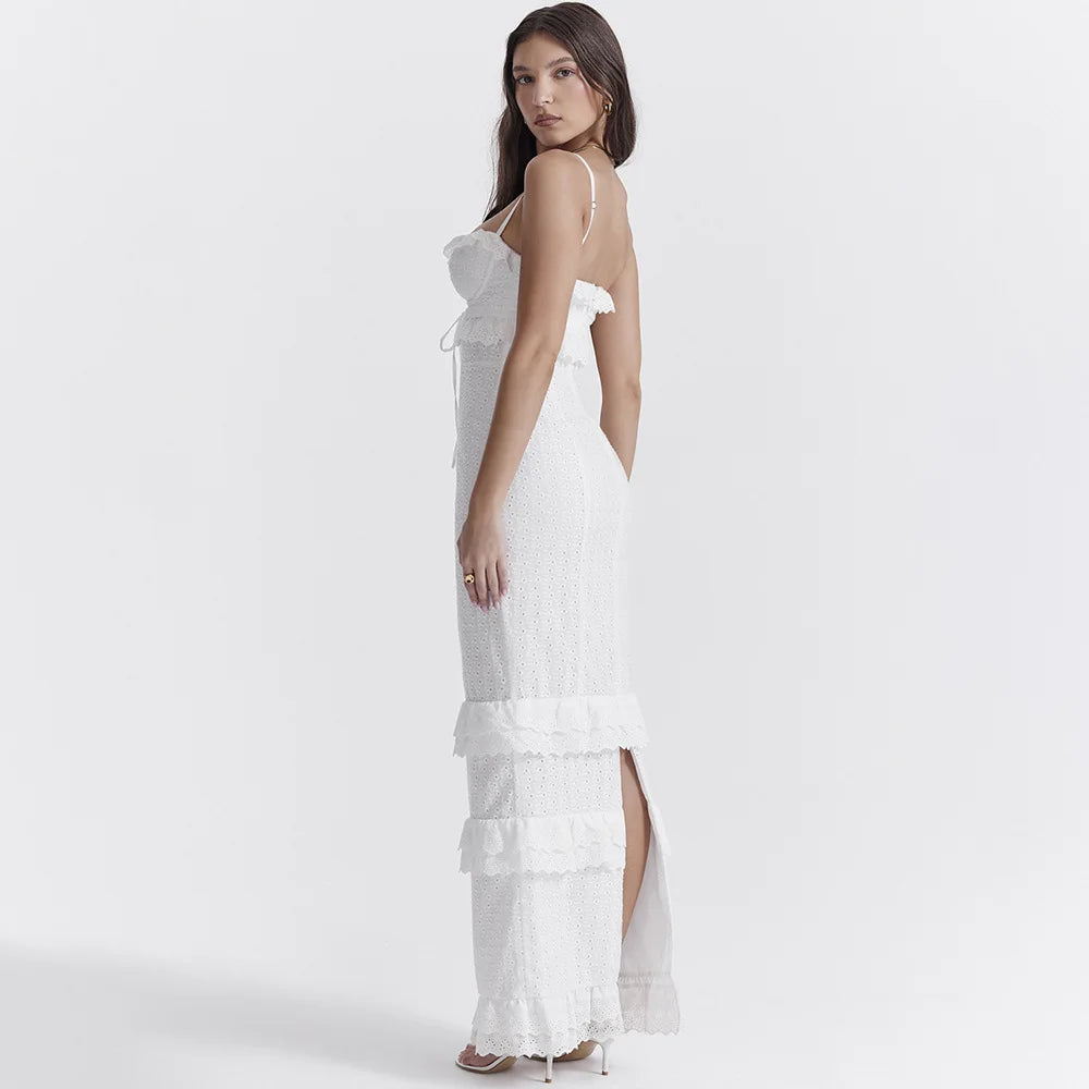 Weißes Besticktes Maxikleid Damen Elegantes Abendkleid