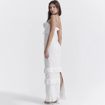 Weißes Besticktes Maxikleid Damen Elegantes Abendkleid