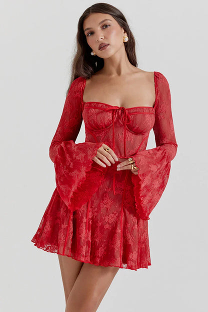 Spitzen Minikleid Langärmlig Verspielt Damenkleid