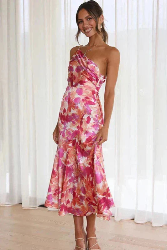 Jasmin™ – Damen Kleid Hochzeitsgast mit Einseitigem Schulterdesign und Floralprint-2