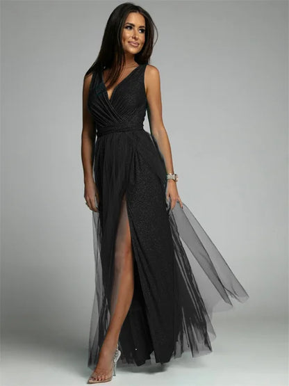 Thea™ – Damen Kleid Hochzeitsgast mit V-Ausschnitt und Glamourösen Details-1