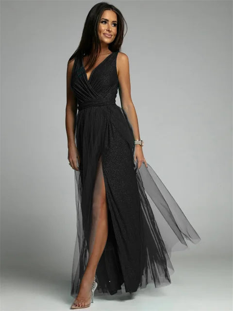Thea™ – Damen Kleid Hochzeitsgast mit V-Ausschnitt und Glamourösen Details-1