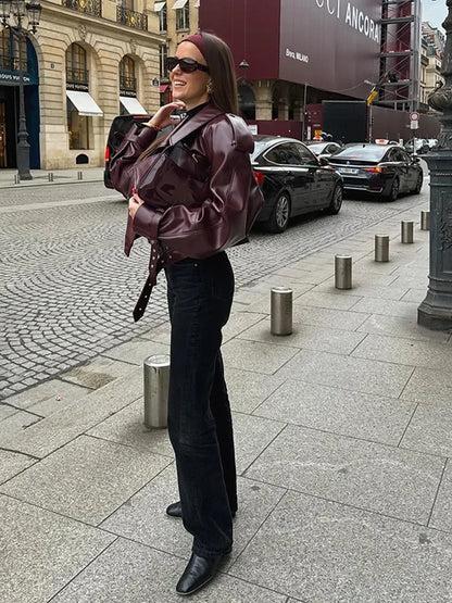 Lederjacke Damen Kurz Rot mit Reverskragen