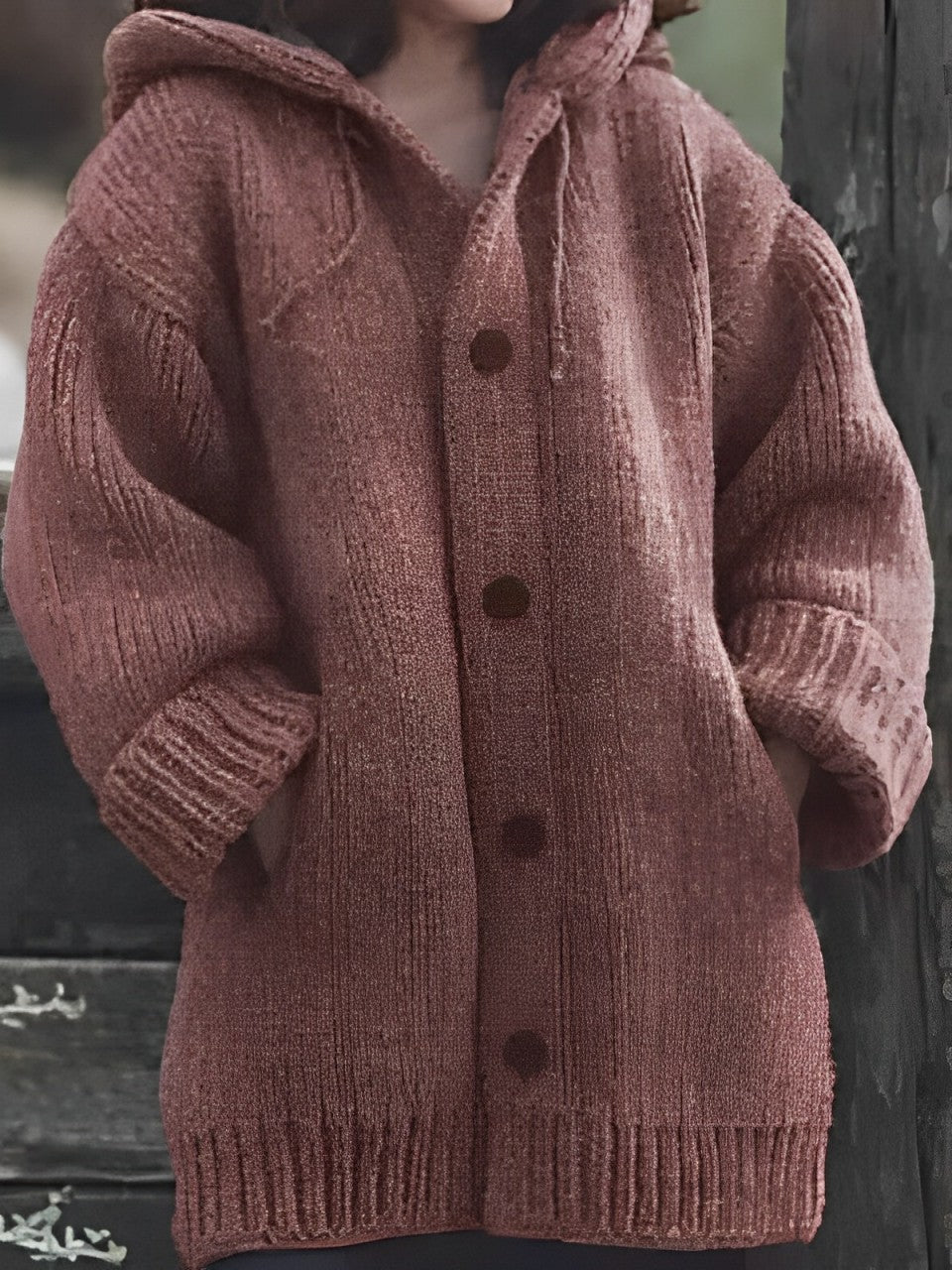 Strickjacke Lorine: Mittelang, dick, mit Kapuze