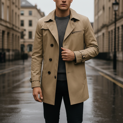 Herren Trenchcoat Lang Mit Schulterpolstern - Elarova