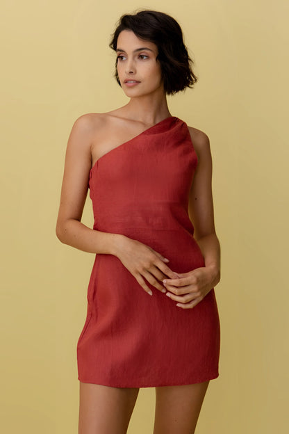 Terracottafarbenes Minikleid mit One-Shoulder-Ausschnitt für Sommer und Partys