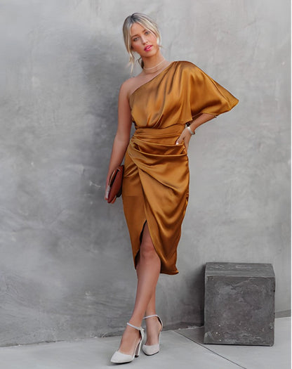 Veloura™ – Asymmetrisches Damen Midi-Kleid mit Eleganter Drapierung