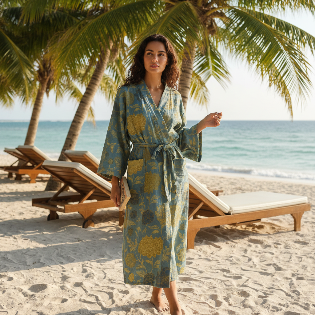 Farbenfroher Kimono Bademantel Blütenmuster - Elarova