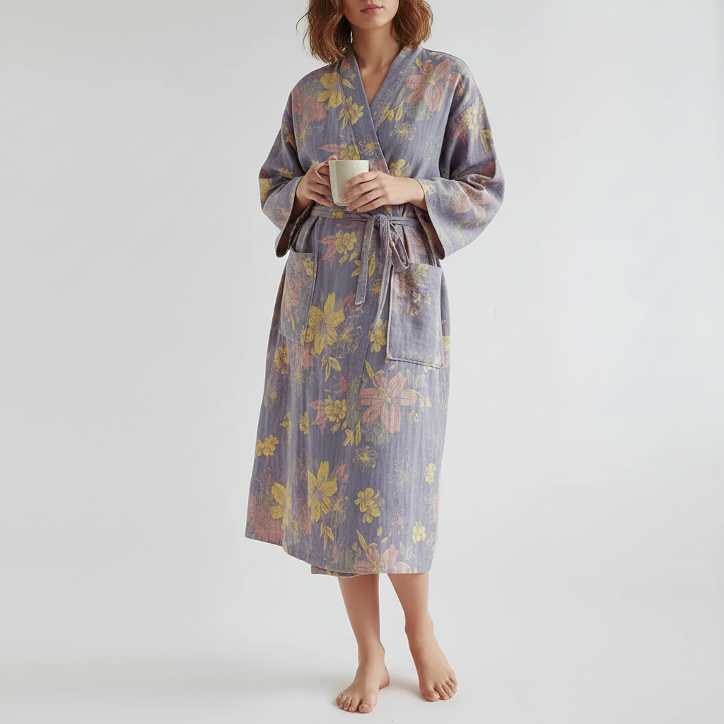 Farbenfroher Kimono Bademantel Blütenmuster