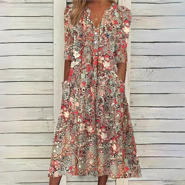 Vilma Midikleid in Beige mit Blumenmuster