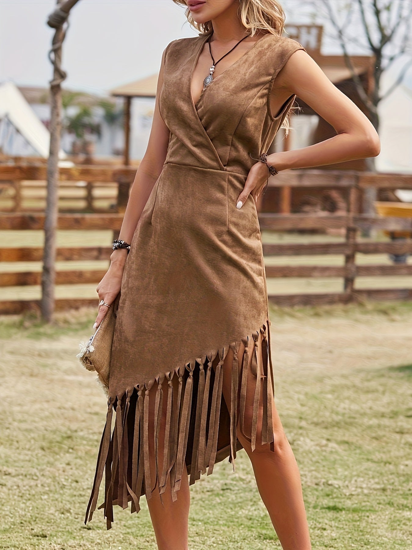 Vylaria: Elegantes Kleid mit V-Ausschnitt und Fransen