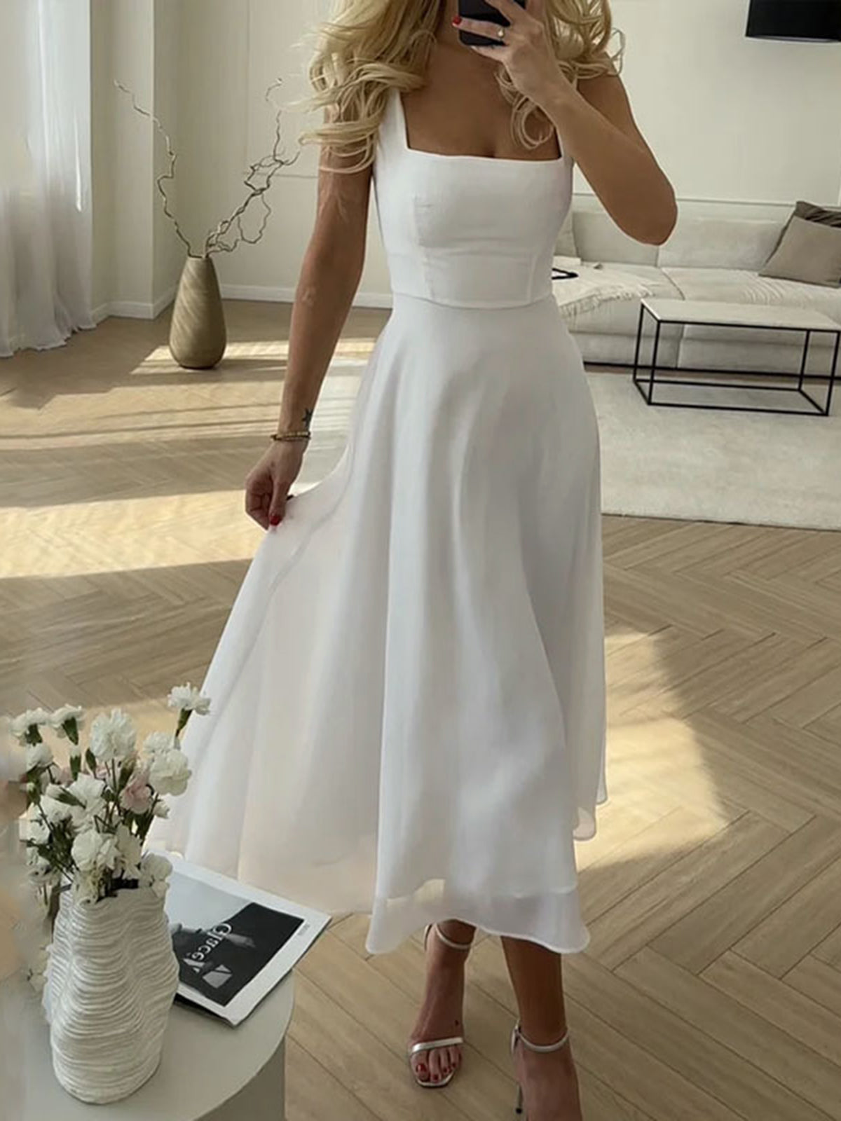 Weißes Midi-Kleid im Old-Money-Stil für Damen