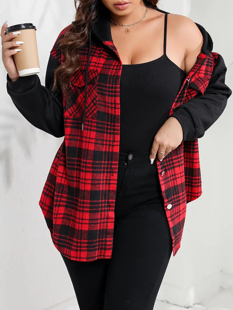 Women's Plus Size Plaid Hooded Button-Up Jacket with Raglan Sleeves and Drawstring