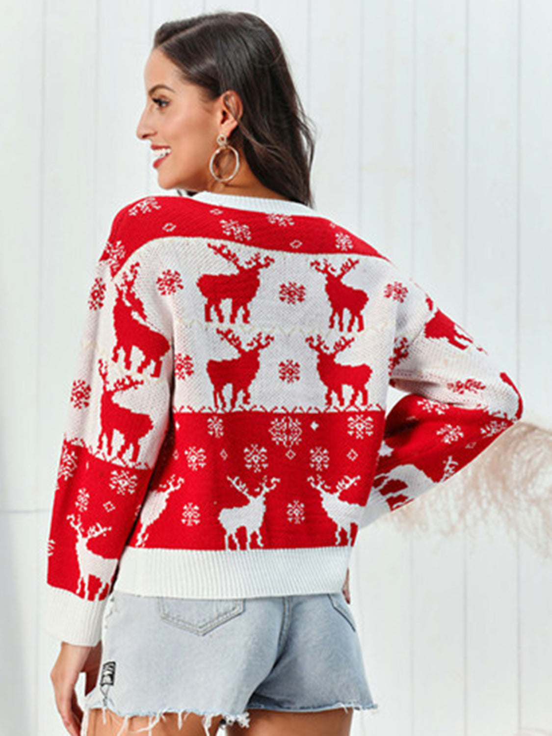 Weihnachtspullover Rentier Muster Rot Weiß Rundhals
