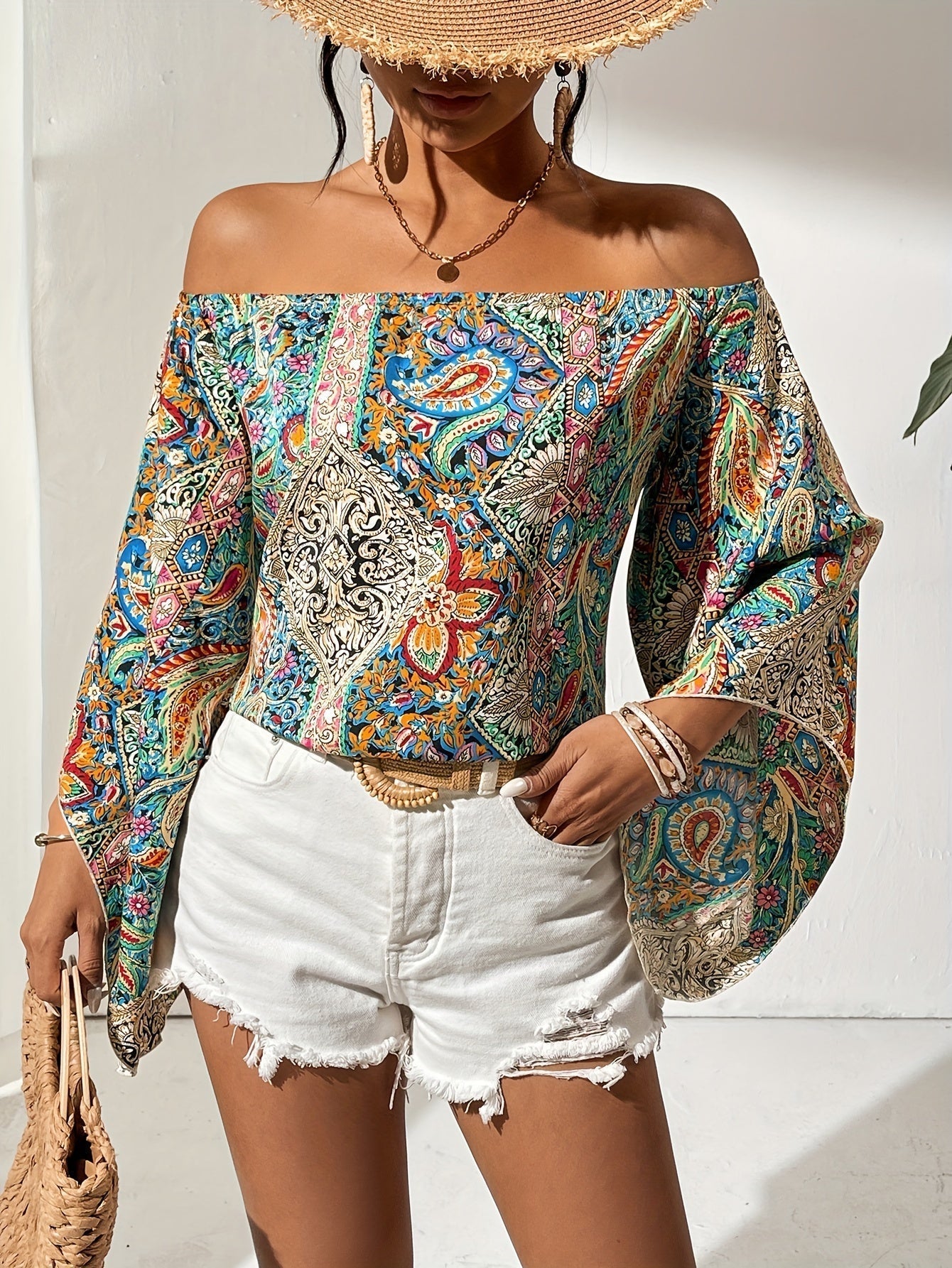 Frauen Bluse Off Shoulder Geometrisches Muster