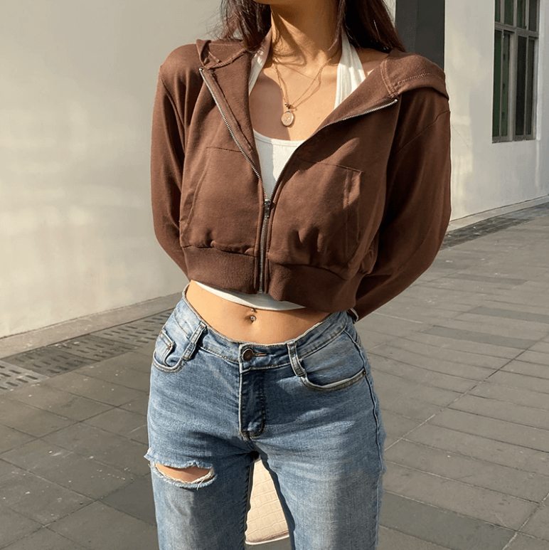 Damen Hoodie Kapuze Figurbetont Cropped Sportlich