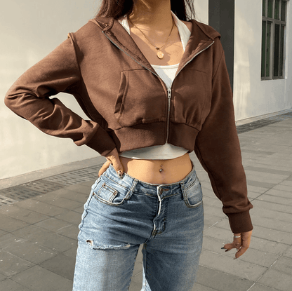 Damen Hoodie Kapuze Figurbetont Cropped Sportlich