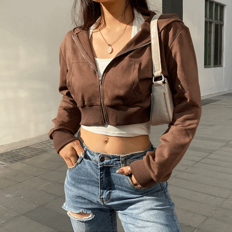 Damen Hoodie Kapuze Figurbetont Cropped Sportlich