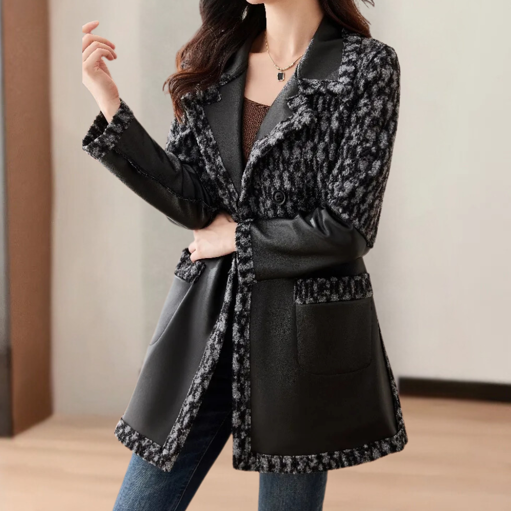 Schwarze Damenjacke Warm Luxus Leder Look - Elarova