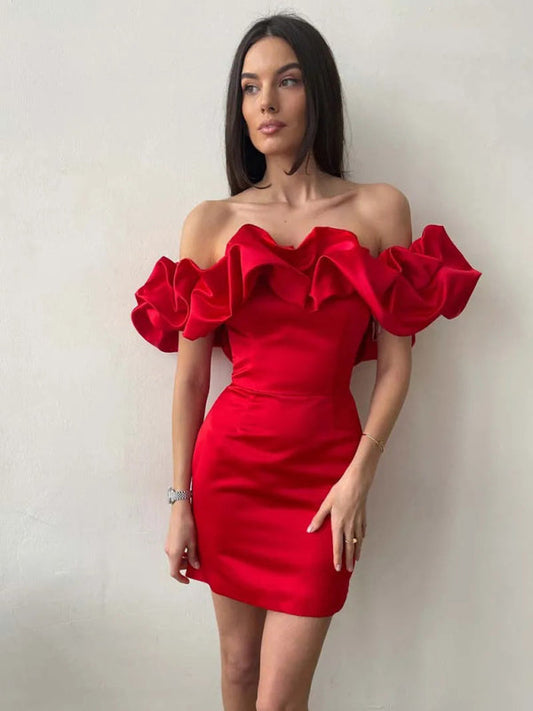 Madison™ – Damen Off-Shoulder Satin Kleid mit Rüschen und Eleganz