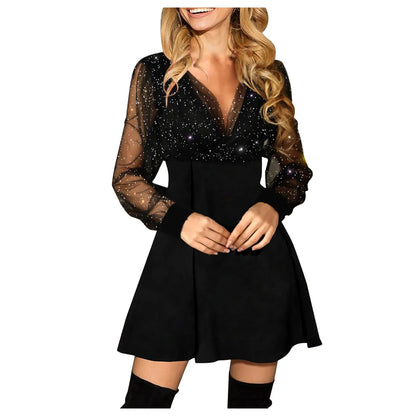 Glamourchic™ – Damen Abendkleid Lang mit Glitzerärmeln und V-Ausschnitt-4
