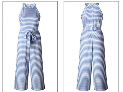 Damen Jumpsuit Taillengürtel Streifen Elegant