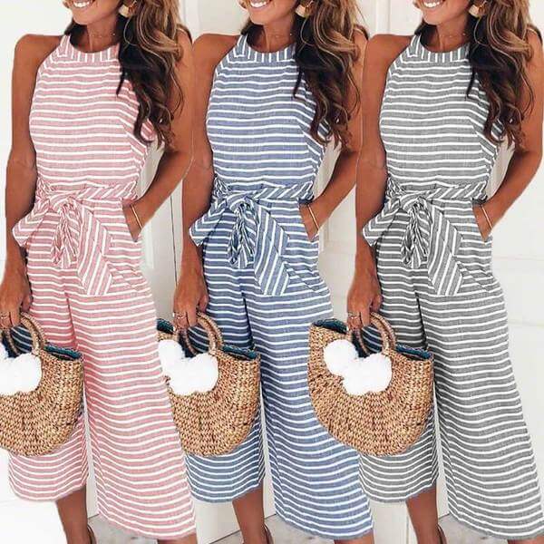 Damen Jumpsuit Taillengürtel Streifen Elegant