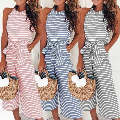 Damen Jumpsuit Taillengürtel Streifen Elegant