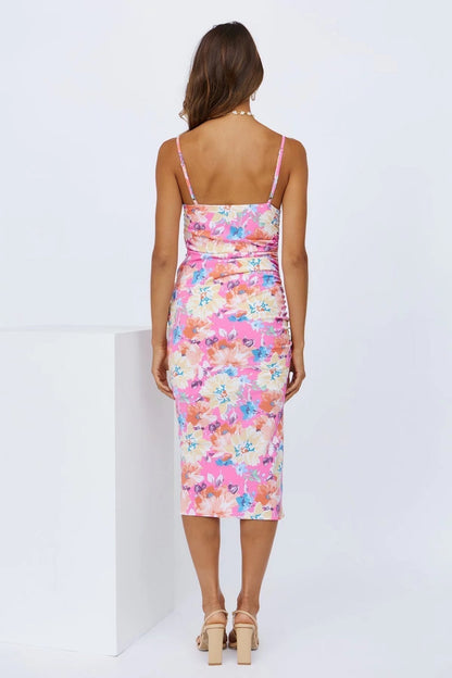 Sommerkleid Midi Blumenmuster Schlitz Kleid Damen